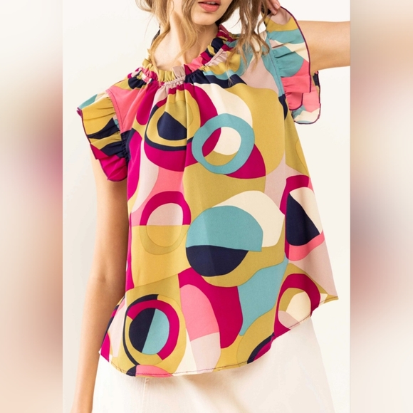 Boho Chic Multi Color Print Sleeveless Ruffle Neck Top NWOT - Picture 2 of 8